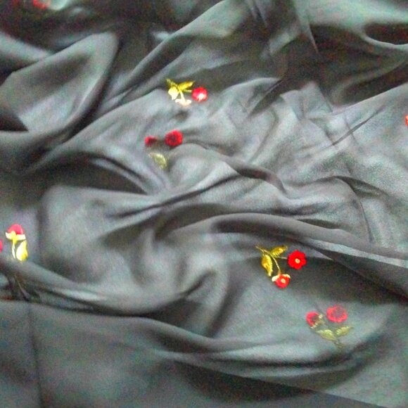 Sheer Black Synthetic Chiffon Fabric with Embroidered & Sequin Rose Design - Picture 6 of 9